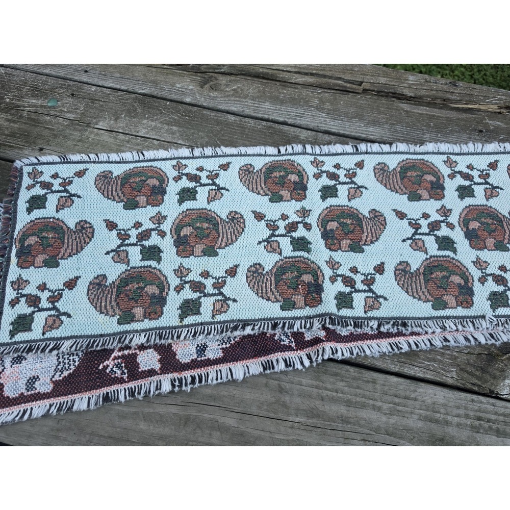 Thanksgiving Harvest Table Runner 12x68 Reversible Woven Tapestry Fringe Fall